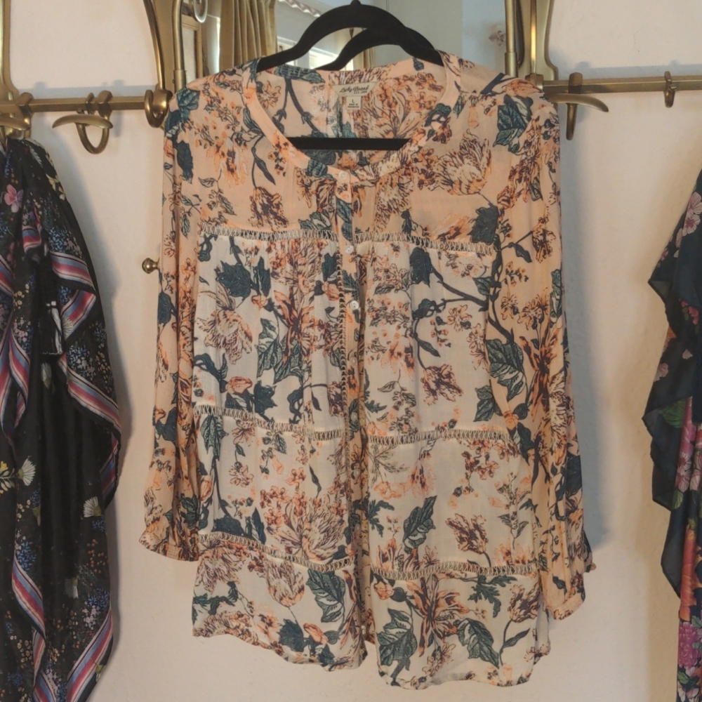 Lucky Brand Cream Floral Peasant Blouse with Green and Rust Accents